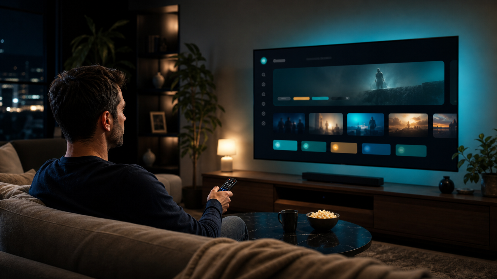 Client dans un salon devant l'application E-Booking Player